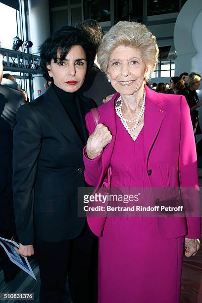 Politician Rachida Dati and Permanent Secretary of 'Academie Francaise' Helene Carrere d'Encausse attend King Mohammed VI of Morocco and French...