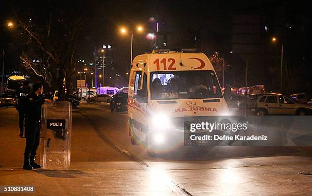 Ambulances pass the blast site after an explosion hit the Turkish army's service busses in Ankara, February 17, 2016 Turkey. 21 people are believed...