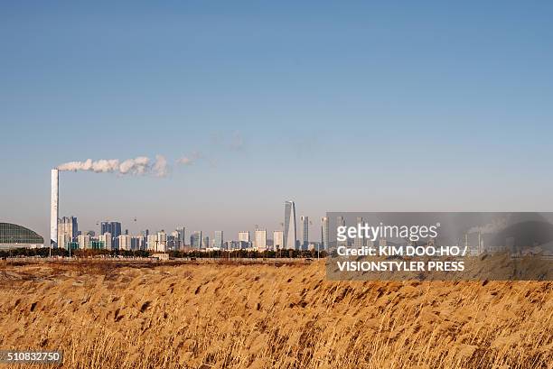 the mud flat against skyline of the songdo international city - songdo ibd stock pictures, royalty-free photos & images