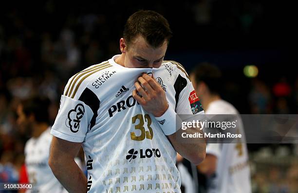 Dominik Klein of Kiel reacts during the VELUX EHF Champions League group A between THW Kiel and Orlen Wisla Plock at Sparkassen Arena on February 17,...