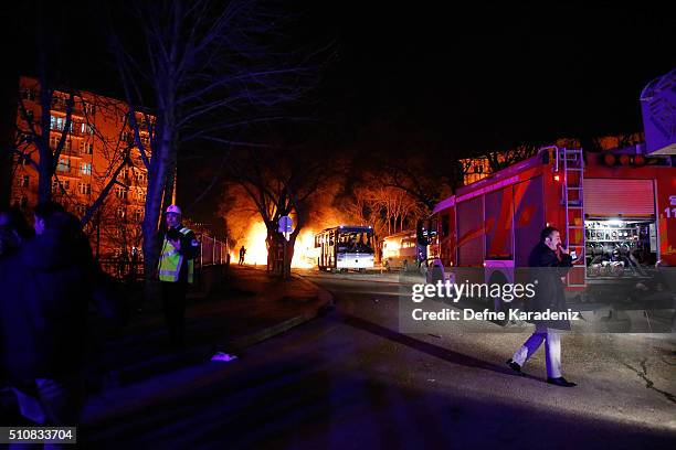 Turkish army service busses burn after an explosion on February 17, 2016 in Ankara, Turkey. 21 people are believed to have been killed and at least...