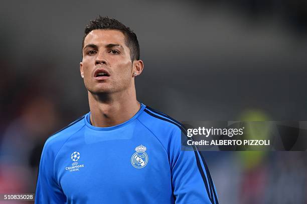 Real Madrid's Portuguese forward Cristiano Ronaldo warms up before the UEFA Champions League football match AS Roma vs Real Madrid on Frebruary 17,...