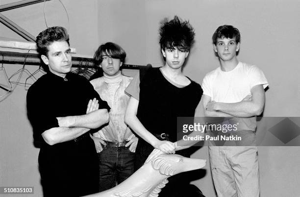 Portrait of British band Echo and the Bunnymen as they pose backstage at the Park West Auditorium, Chicago, Illinois, March 21, 1984. Pictured are,...