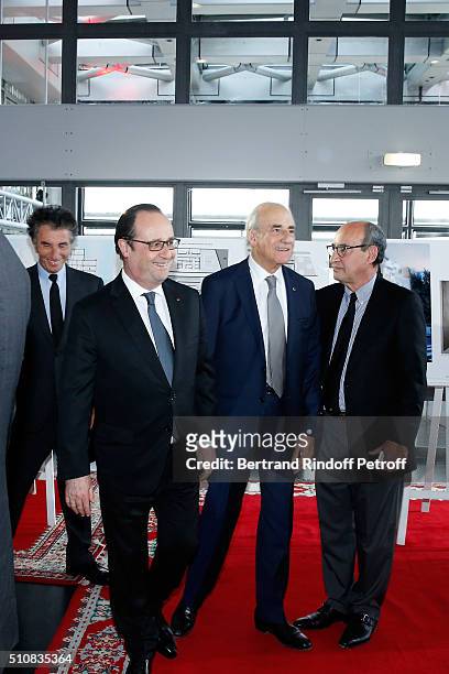 President of the 'Institut du Monde Arabe' Jack Lang, French President Francois Hollande and Journalist Jean-Pierre Elkabbach attend King Mohammed VI...
