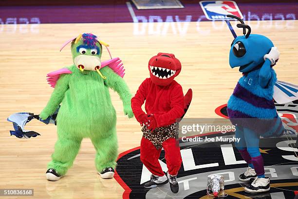 The Orlando Magic, Toronto Raptors, and Charlotte Hornets Mascots are seen during the BBVA Compass Rising Stars Challenge as part of the 2016 NBA All...