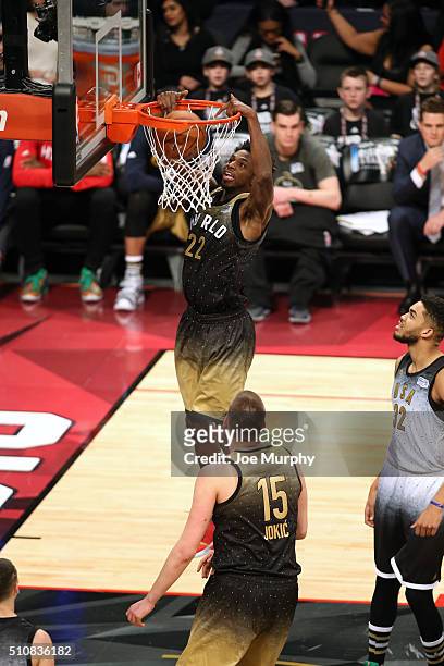 Andrew Wiggins of the World Team dunks during the BBVA Compass Rising Stars Challenge as part of the 2016 NBA All Star Weekend on February 12, 2016...