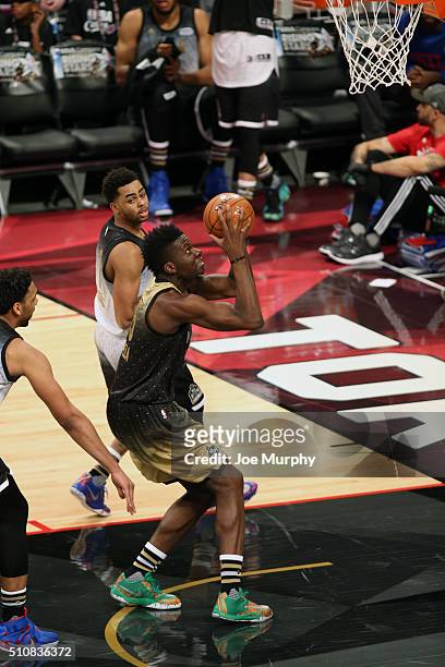 Clint Capella of the World Team handles the ball during the BBVA Compass Rising Stars Challenge as part of the 2016 NBA All Star Weekend on February...