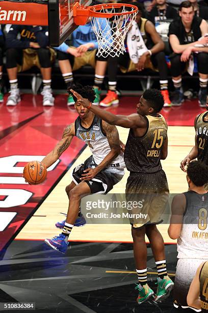 Elfrid Payton of the USA Team passes the ball during the BBVA Compass Rising Stars Challenge as part of the 2016 NBA All Star Weekend on February 12,...