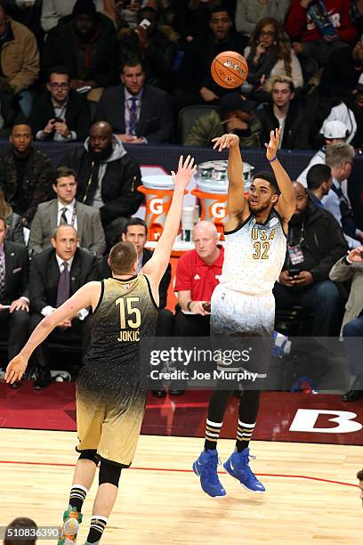 Karl-Anthony Towns shoots the ball during the BBVA Compass Rising Stars Challenge as part of the 2016 NBA All Star Weekend on February 12, 2016 at...