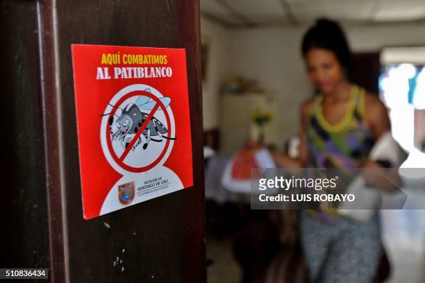 View of a poster against the Aedes aegypti mosquito on the door of seven months pregnant Maribel Gomez's house on February 17 in Cali, Colombia....