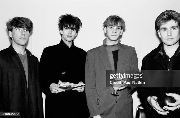 Portrait of the music group Echo and the Bunnymen backstage at Park West auditorium, Chicago, Illinois, October 12, 1981. Pictured are, from left,...