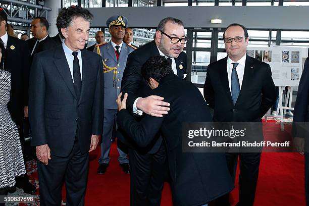 President of the 'Institut du Monde Arabe' Jack Lang, King Mohammed VI of Morocco and French President Francois Hollande attend King Mohammed VI of...