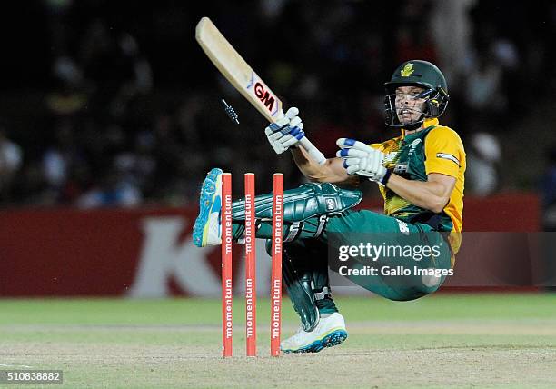 Farhaan Behardien bowled by David Willey during the T20 warm-up match between South Africa A and England at Boland Park on February 17, 2016 in...