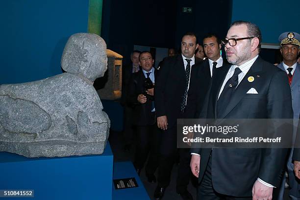 King Mohammed VI of Morocco visits the 'Osiris, Mysteres Engloutis d'Egypte' Exhibition after King Mohammed VI of Morocco and French President...