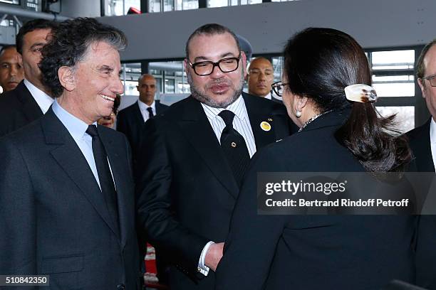 President of the 'Institut du Monde Arabe' Jack Lang, King Mohammed VI of Morocco and Archives Director of the Royal Palace in Morocco attend King...