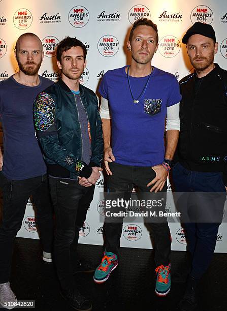 Will Champion, Guy Berryman, Chris Martin and Jonny Buckland of Coldplay attend the NME Awards with Austin, Texas, at the O2 Academy Brixton on...