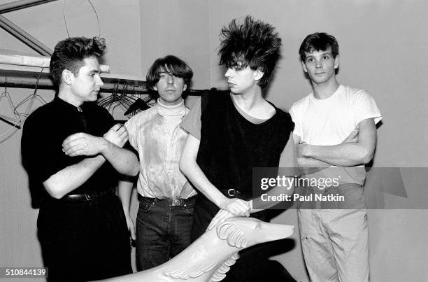 Portrait of British band Echo and the Bunnymen as they pose backstage at the Park West Auditorium, Chicago, Illinois, March 21, 1984. Pictured are,...