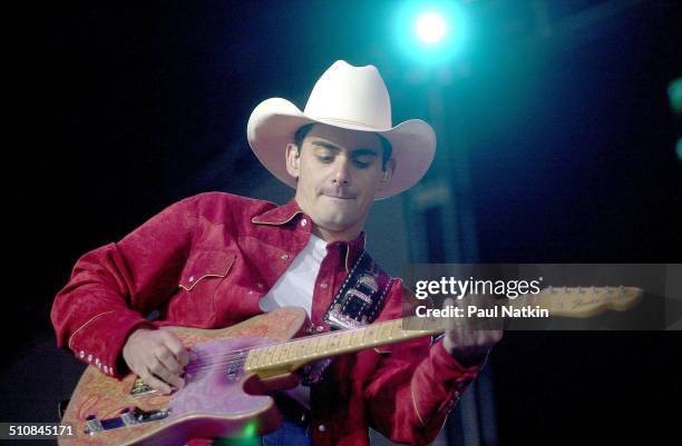 American musician Brad Paisley performs onstage during the George Strait Country Music Festival, Chicago, Illinois, May 25, 2001.