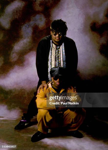 Studio portrait of American hiphop duo PM Dawn, Chicago, Illinois, February 18, 1993. Pictured are brothers Prince Be and DJ Minutemix .