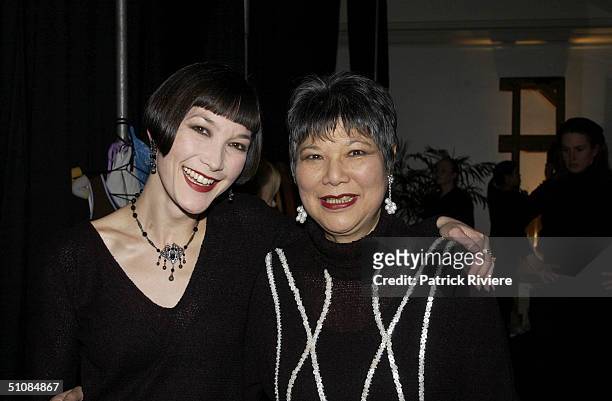Fashion designer Vivian Chan Shaw with her daughter Claudia Chan Shaw backstage at Vivian Chan Shaw's, , retrospective celebrating her thirty years...