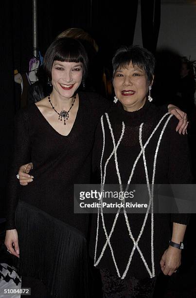 Fashion designer Vivian Chan Shaw with her daughter Claudia Chan Shaw backstage at Vivian Chan Shaw's, , retrospective celebrating her thirty years...