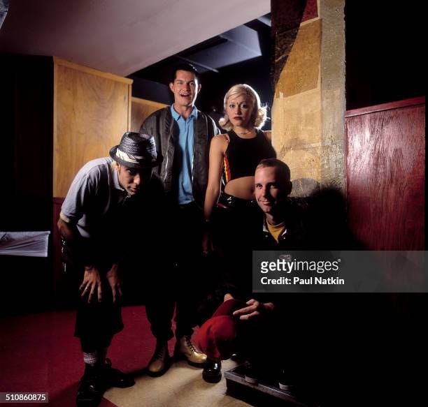 Portrait of American band No Doubt as they pose backstage at the Metro nightclub, Chicago, Illinois, August 9, 1996. Pictured are, from left, Tony...