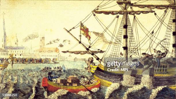 Artist's rendering of the Boston Tea Party, Boston, Massachusetts, December 16, 1773. A group of Bostonians threw tea into Boston harbour as a...