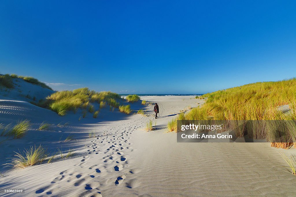 Woman on sandy beach at Farewell Spit, New Zealand