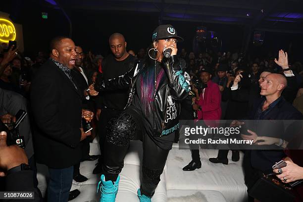 Recording artist Missy Elliott performs in the crowd during Warner Music Group's annual Grammy celebration at Milk Studios Los Angeles on February...
