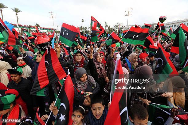 Libyans gathered at the al Shuhada Martyrs Square celebrate the 5th anniversary of Libyan Revolution in Tripoli, Libya on February 17, 2016.