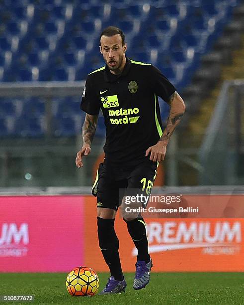 Vaggelis Moras of Hellas Verona FC in action during the Serie A match between SS Lazio and Hellas Verona FC at Stadio Olimpico on February 11, 2016...