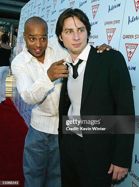 Actor Donald Faison and director/actor Zach Braff arrive at the premiere of Fox Searchlight Pictures' "Garden State" on July 20, 2004 at the...