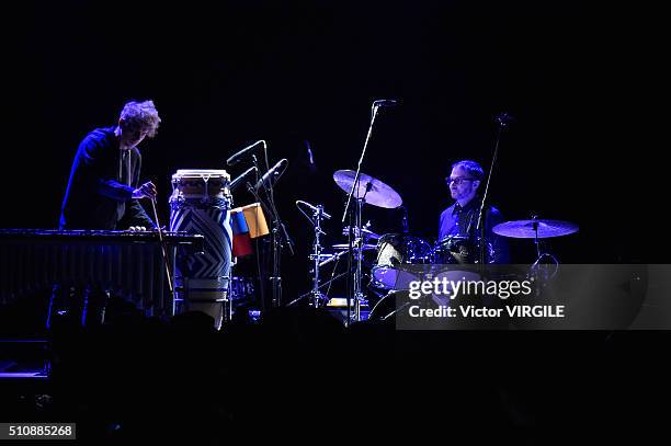 Mauro Refosco and Joey Waronker from the band Atoms for Peace playing at the Rag & Bone Fall/Winter 2016 fashion show during New York Fashion Week on...