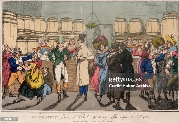 Group of drinkers in a gin house, entitled 'Blue Ruin. Tom & Bob tasting Thompson's Best', 25th April 1822.