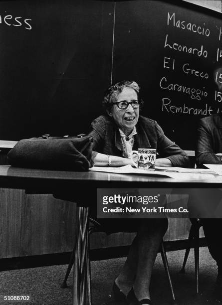 German-born American political thinker, teacher, and writer Hannah Arendt speaks at a monthly seminar in which professors from all departments of the...