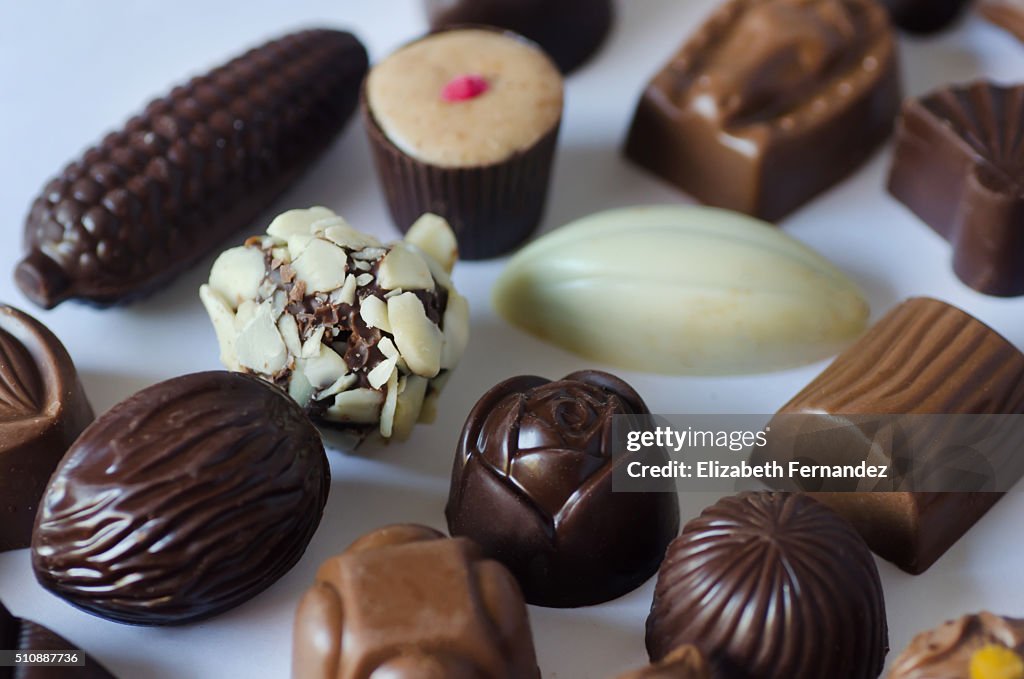 Various pieces of chocolates pralines