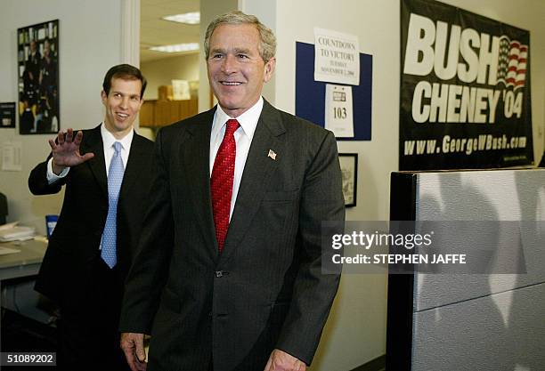 President George W. Bush receives a tour of the Bush-Cheney Campaign Headquarters from Ken Mehlman , the campaign manager 21 July 2004 in Arlington,...