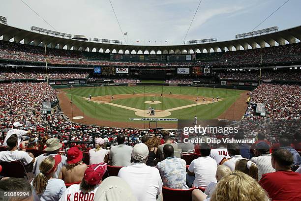 General view of Busch Stadium from behind home plate field level during the game between the St. Louis Cardinals and the Cincinnati Reds at Busch...