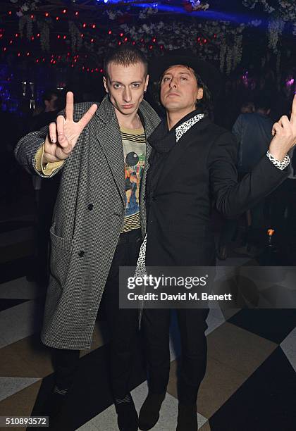 Theo Ellis and Carl Barat attend the Ciroc & NME Awards 2016 after party hosted by Fran Cutler at The Cuckoo Club on February 17, 2016 in London,...