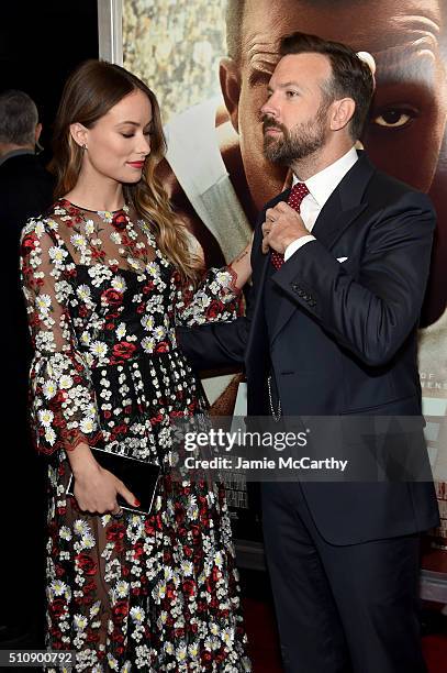 Actors Olivia Wilde and Jason Sudeikis attend "Race" New York Screening at Landmark's Sunshine Cinema on February 17, 2016 in New York City.