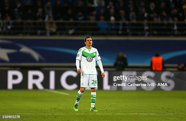 Sebastian Jung of Wolfsburg during the UEFA Champions League match between KAA Gent and VfL Wolfsburg at Ghelamco Arena, on February 17, 2016 in...