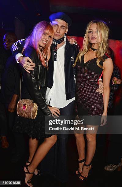 Amber Le Bon, Kyle De'volle and Laura Whitmore attend the Ciroc & NME Awards 2016 after party hosted by Fran Cutler at The Cuckoo Club on February...