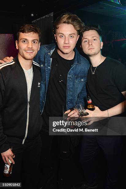 Joe Lyons, Roman Kemp and Fin Munro attend the Ciroc & NME Awards 2016 after party hosted by Fran Cutler at The Cuckoo Club on February 17, 2016 in...