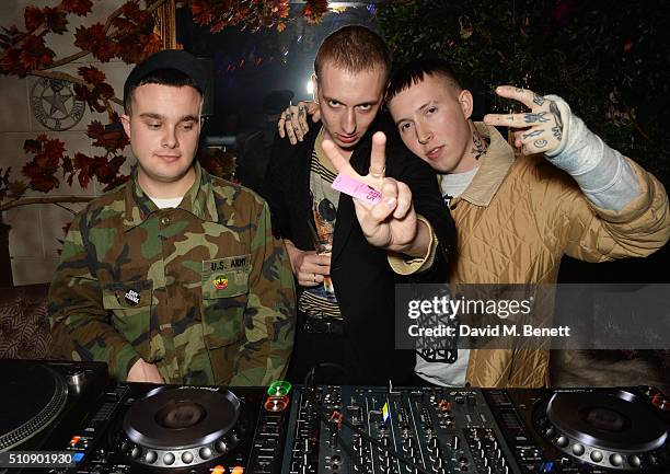 Isaac Holman, Theo Ellis and Laurie Vincent DJ at the Ciroc & NME Awards 2016 after party hosted by Fran Cutler at The Cuckoo Club on February 17,...