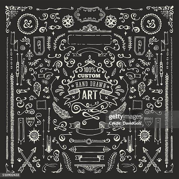 ilustrações de stock, clip art, desenhos animados e ícones de mão desenhado conjunto de quadro negro elementos (completa) - desenho a giz