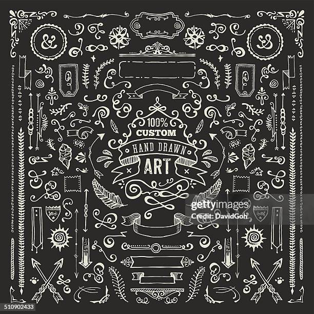 hand drawn blackboard elements (complete set) - ampersand stock illustrations