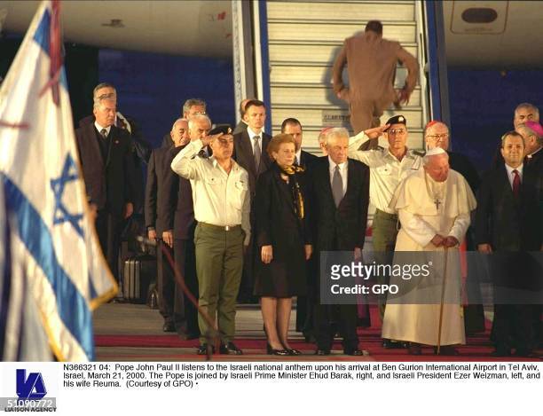 Pope John Paul Ii Listens To The Israeli National Anthem Upon His Arrival At Ben Gurion International Airport In Tel Aviv, Israel, March 21, 2000....