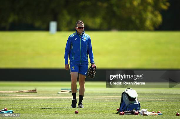Peter Siddle of Australia looks on during an Australia nets session at Hagley Oval on February 18, 2016 in Christchurch, New Zealand.