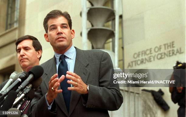 Miami Mayor Alex Penelas, Right, Speaks To The Media April 11, 2000 After Meeting With Attorney General Janet Reno To Voice His Concerns Regarding...