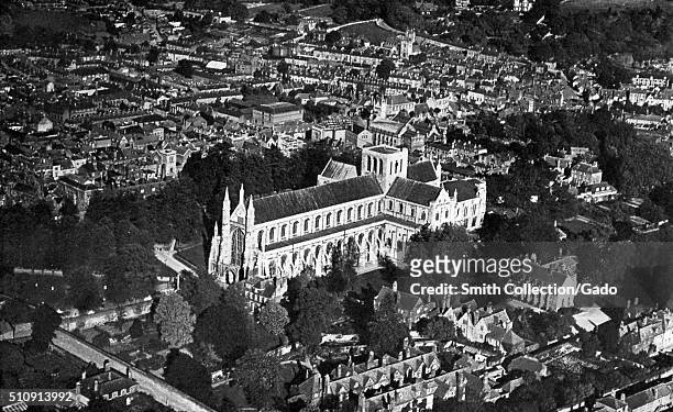 Winchester Cathedral aerial view, United Kingdom, 1922. .